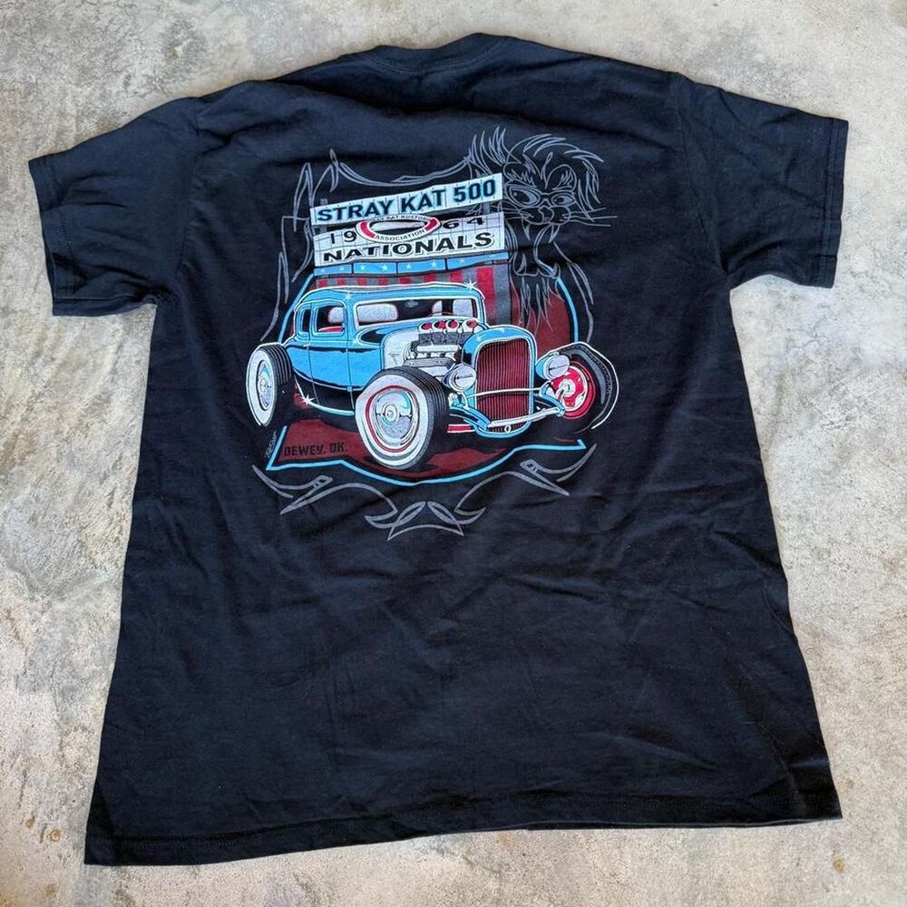 Black Stray Kat Kustoms T-shirt with white graphic of a classic car